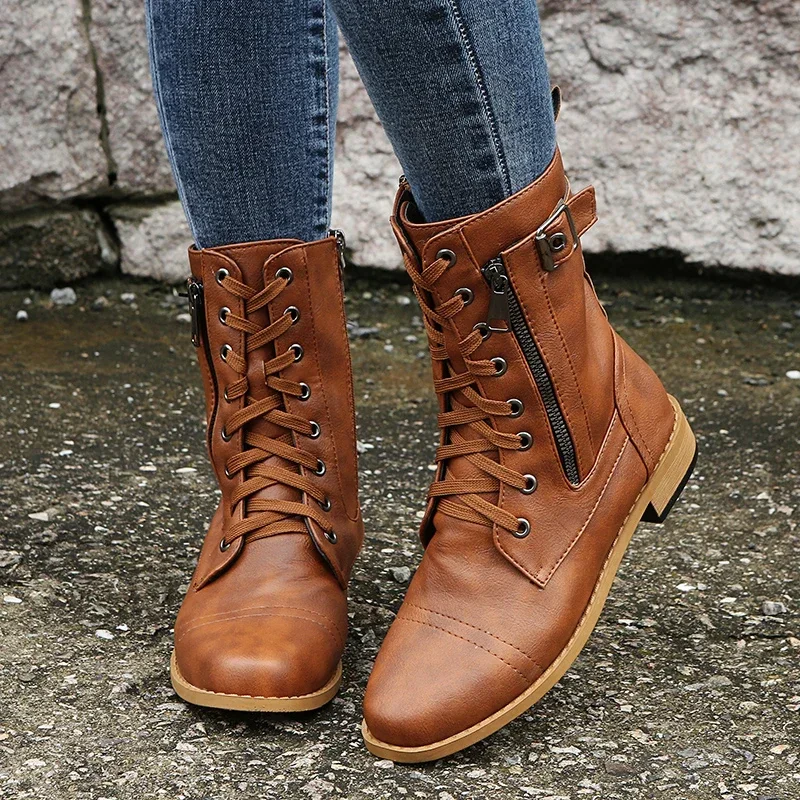 2022 New Plus Size Retro Women Western Boots Punk Lace Up Buckle Motorcycle Boots Zipper Mid Calf Boots Ladies Short Botas