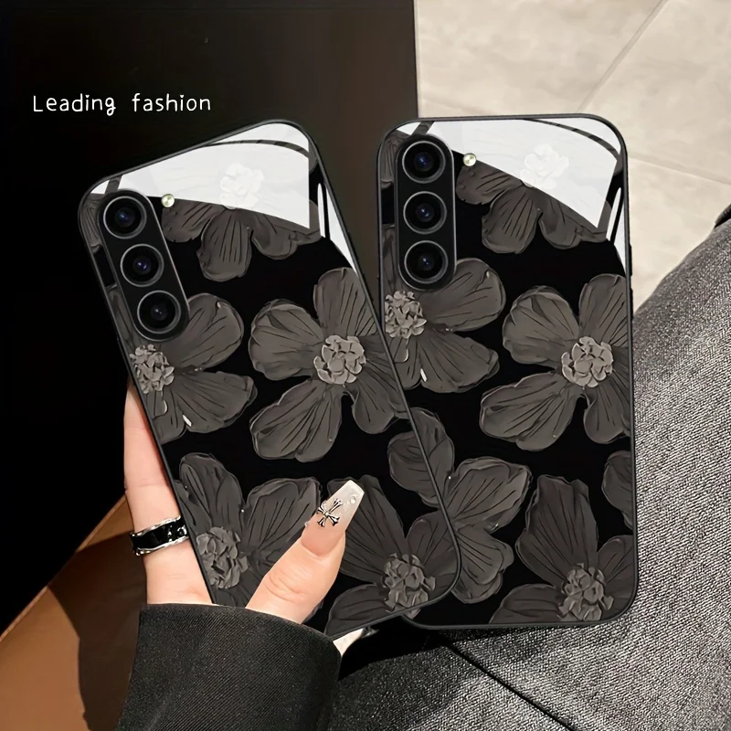 Flower patterned glass phone case suitable for Samsung Galaxy S26 S25 S24 S23 S22 S20 FE/Ultra/Plus5G anti drop back cover
