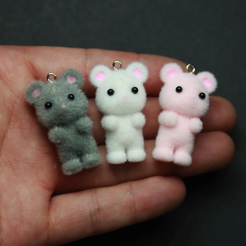 3PCS Egér Medál kawaii 3D Pelyhes flocking Animal Egér charms Miniatúra dolls keychain Nyakdísz Medál DIY ékszer Csinál