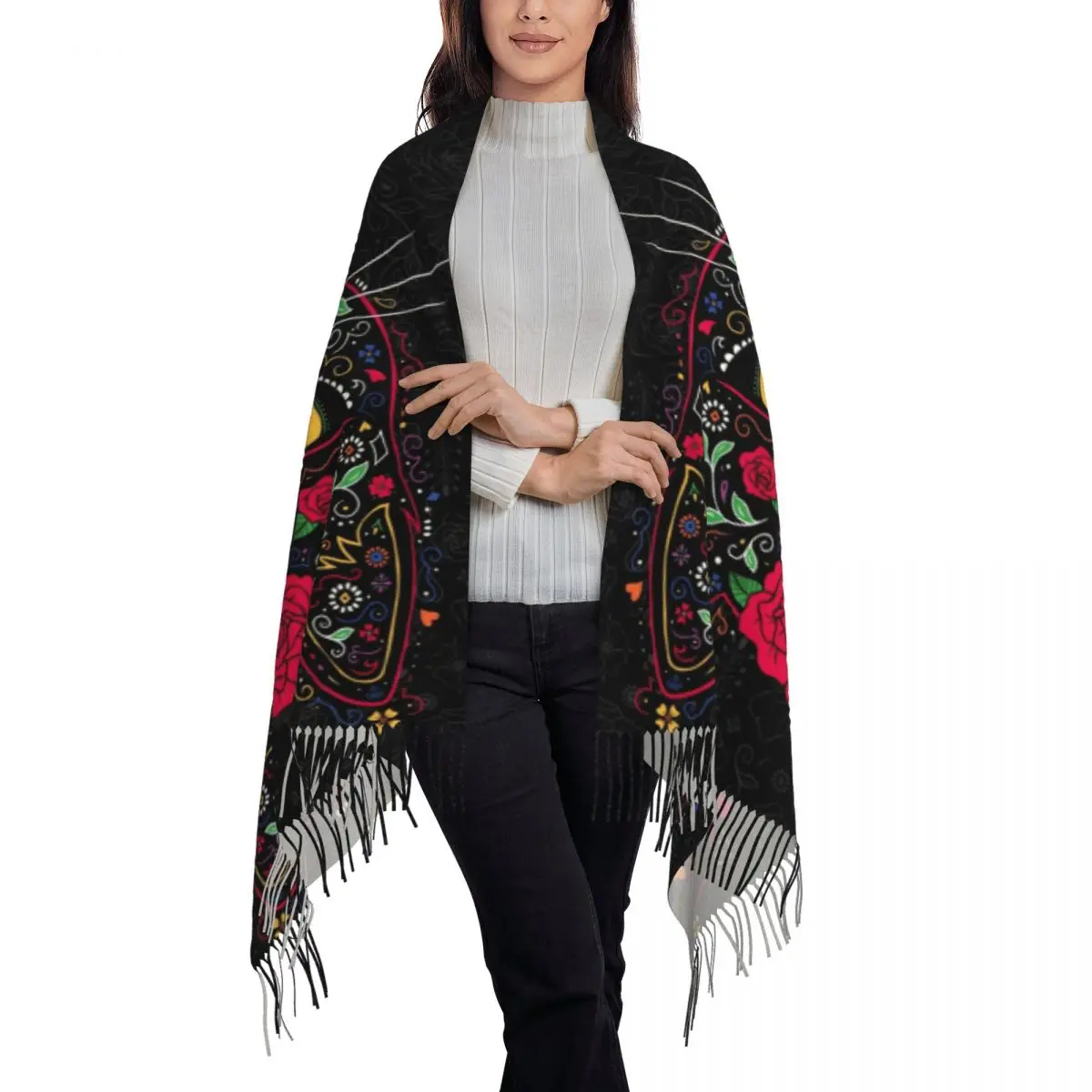 Day Of The Dead Kitten Cat Sugar Skull Scarf Wrap Women Long Winter Warm Tassel Shawl Unisex Mexican Halloween Floral Scarves