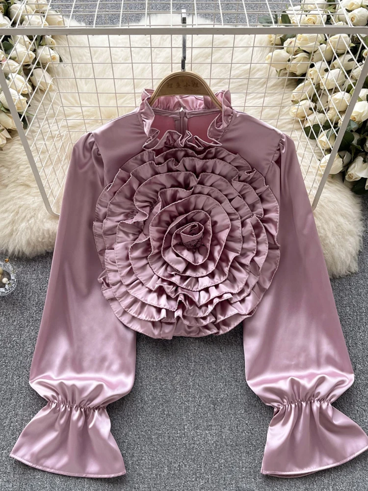 XFPV Women Light Luxury Three-dimensional Flower Loose Lightweight Blouse Stand Collar Lantern Sleeve Shirts Spring 2024 SM10675