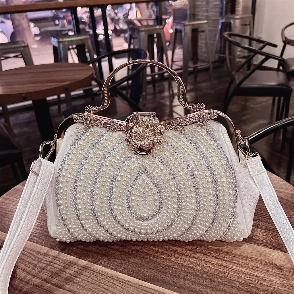 Luxury Fashion Diamonds Women\'s Handbags Lady Genuine Leather Pearl Clip Bag Female Crossbody Shoulder Party Evening Bags