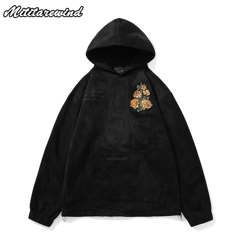 Japanese Hoodies Men Flowers Embroidery Suede Oversized Hoodies Autumn Winter Y2k Streetwear Pullover Hoodie Sweatshirts Women