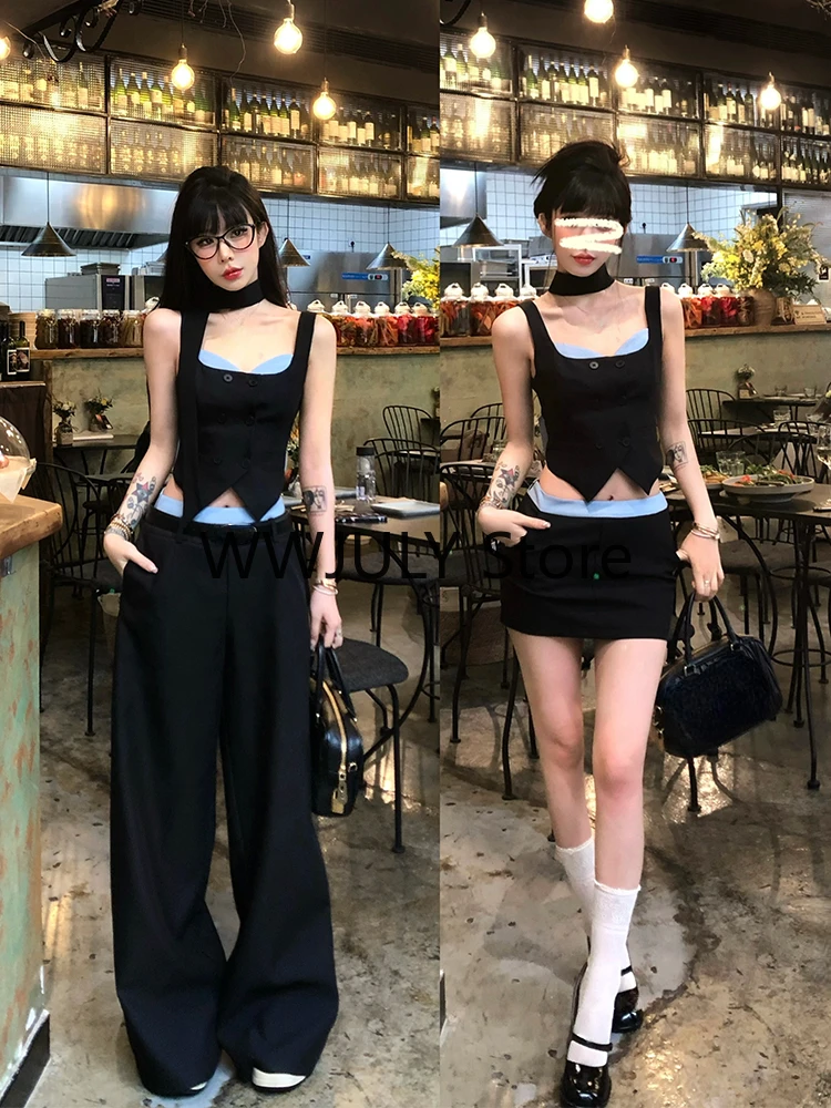 2024 Summer Sexy Backless 2 Piece Skirt Set Woman Bow Sleeveless Vest + Slim Fashion Mini Skirt Outfits Korean Style Set Design