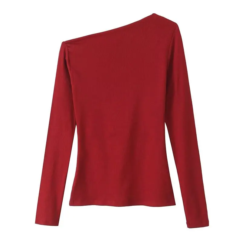 

Women's Cotton Blend Long Sve T-irt Asymmetric Collar Ribbed 2024 Autumn New Arrival Commute Sle Regular Length