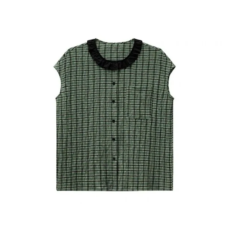 

Женская блузка без рукавов в клетку с рюшами во французском стиле, с открытыми плечами, на пуговицах, зеленого цвета