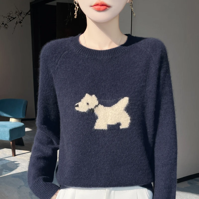 

Новый женский свитер с капюшоном из 100% мериносовой шерсти и круглым вырезом с рисунком собаки, плотный вязаный кашемировый роскошный теплый удобный верх из ткани