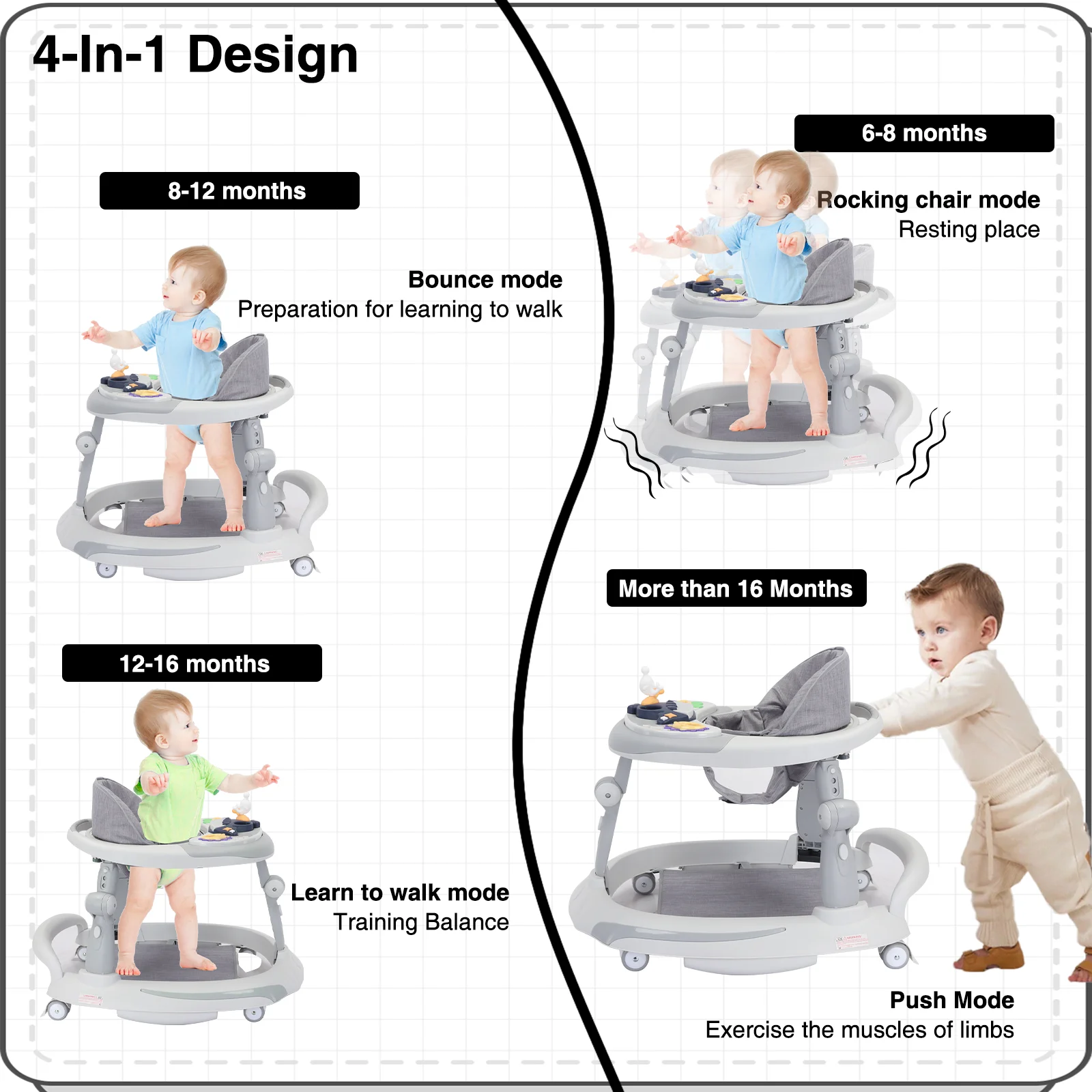 Ubravoo Opvouwbare Babywandelaar Met O-Vormige Benen En Multifunctionele Kantelpreventie, 6-18 Maanden, Verstelbare Hoogte, Muziekspeelgoed