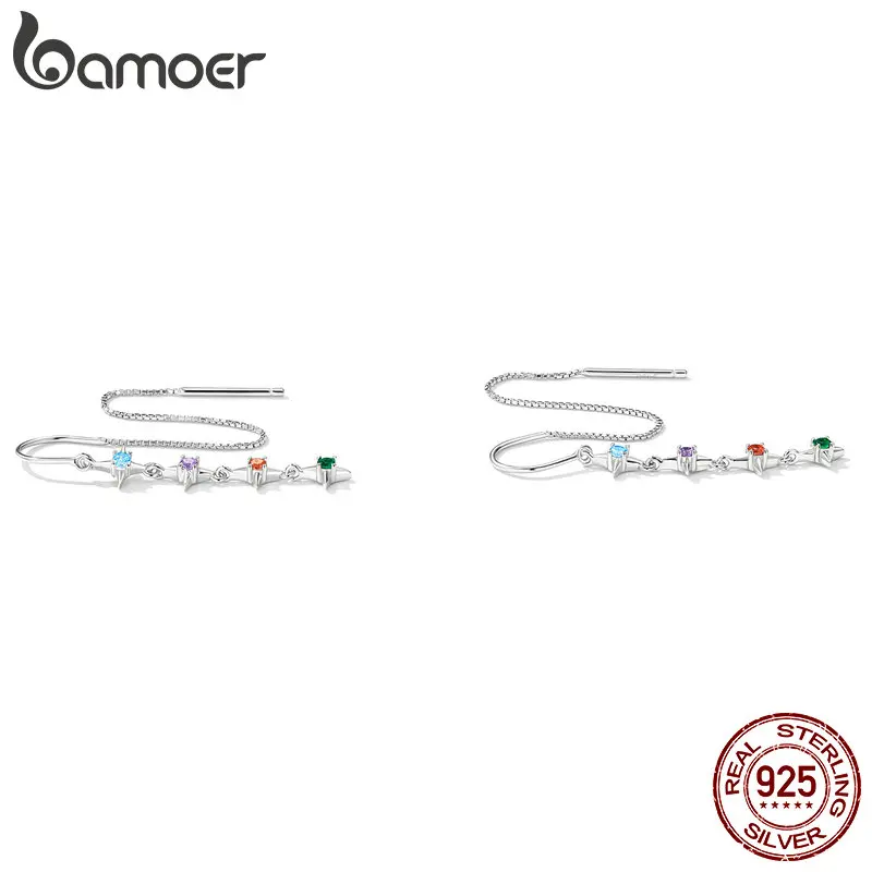 Bamoer 925 Sterling Silver Starry Colored Zirconium Ear Threads for Women Long Tassel Earrings Fine Jewelry Beach Party Gift