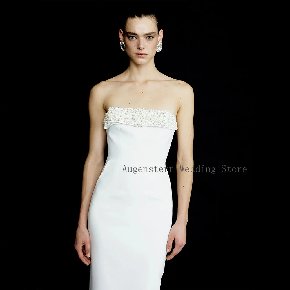 Customized Modern Wedding Dress Midi Crystal Pearls Bow Strapless Column Wedding Gowns Tea Length Back Split Luxury Bridal Dress