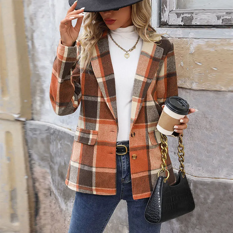 

Plaid Women's Suits Coats Long Sleeve Autumn And Winter Plaid Cardigan Retro Lapel Blazer Jackets Outwear Single Breasted Coats