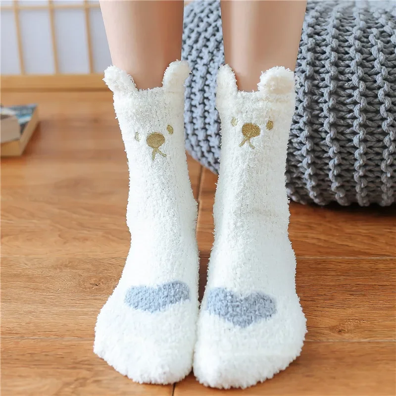 Women Winter Cute Fuzzy Socks Female Thick Cartoon Sock Cotton Warm Fluffy Home Floor Hosiery Lovely Heart Cat Ears Stockings