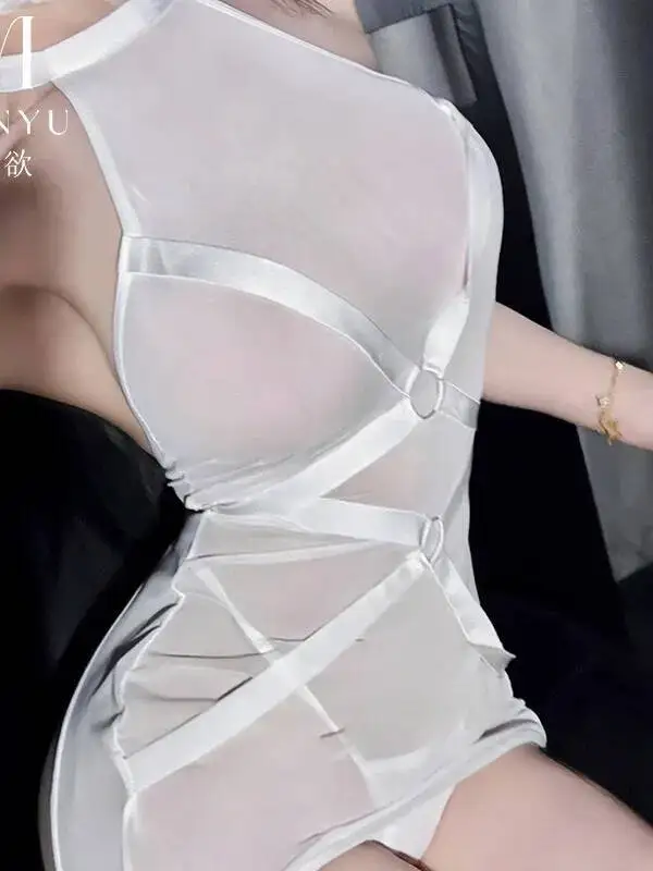 สาวเซ็กซี่ร้อน One-piece ตาข่าย Patchwork ดูผ่านชุดชุดนอน Elegant Tank Mini Dress ผู้หญิงเซ็กซี่ร้อน UUS7