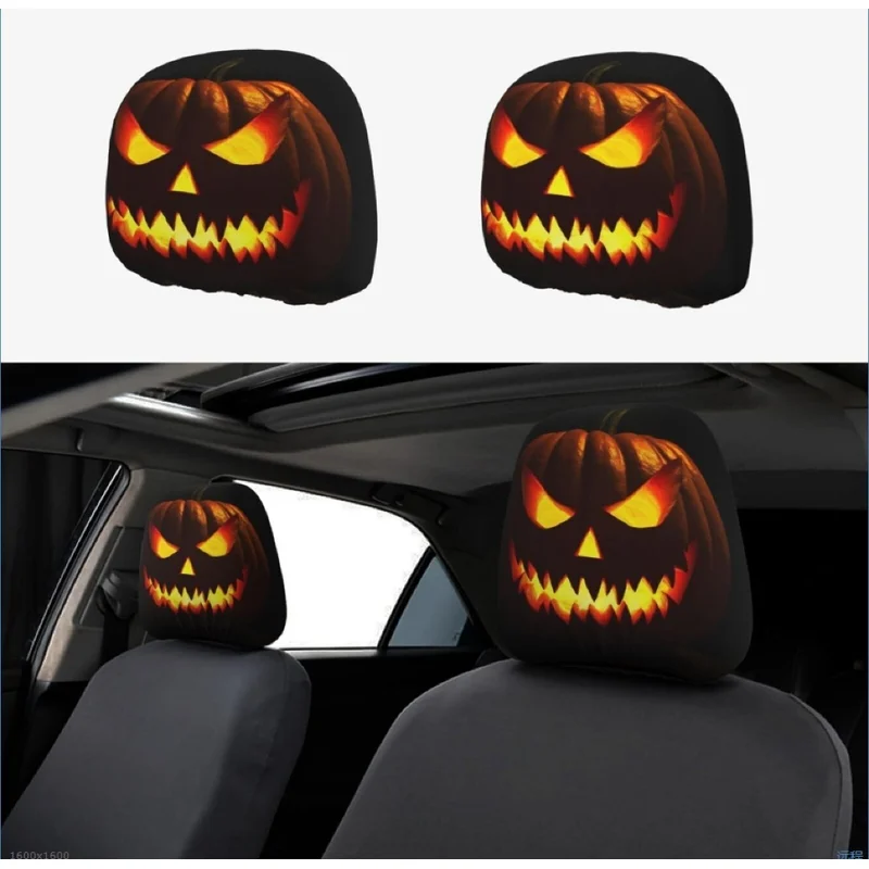 2PCS Funny Slanted Eyes Cartoon Print Car Headrest Cover for Halloween Christmas Holiday Automobile Interior Decoration