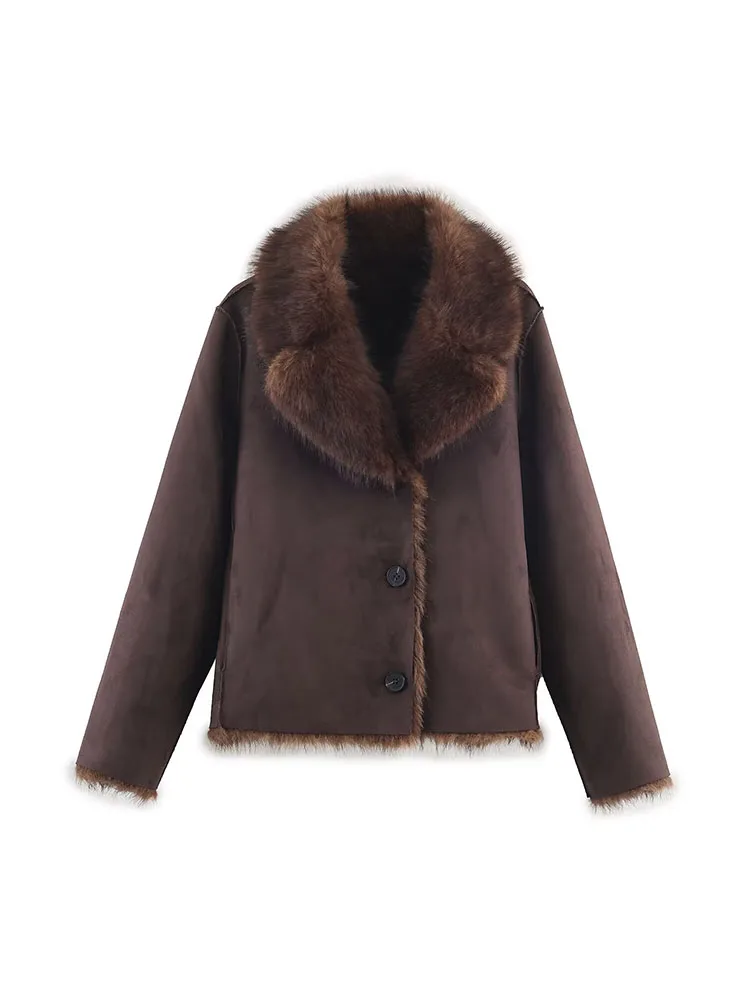 معاطف شتوية نسائية لعام 2025 من الفرو الصناعي ملابس كلاسيكية على الوجهين فضفاضة واحدة الصدر سترات نسائية أنيقة للشارع ملابس خارجية #3