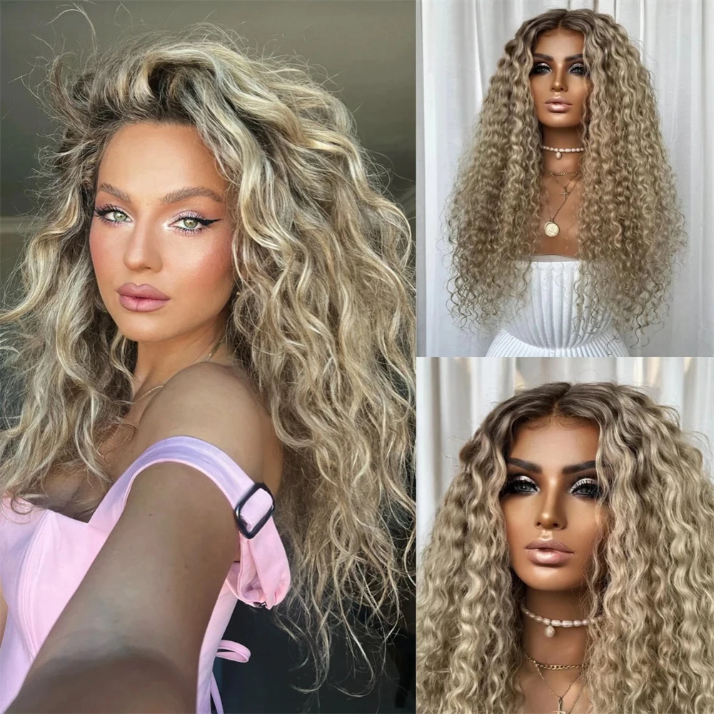 Kinky Curly Wig Long Length Synthetic Wig Glueless Lace Front Wig Ash Blonde Highlights Cosplay Party Wig for Women Preplucked