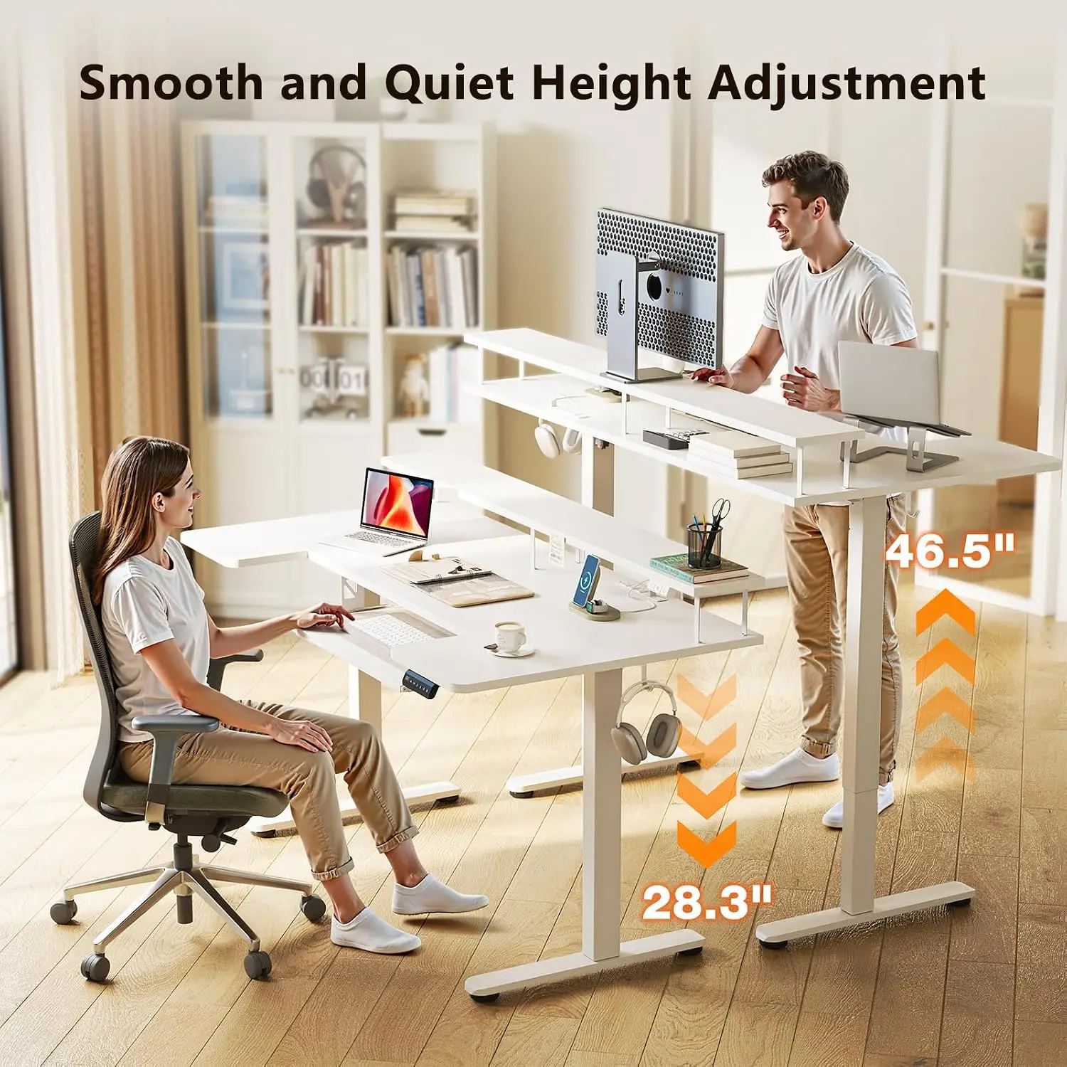 55 Inch U Shaped Electric Standing Desk with Keyboard Tray White, Customized
