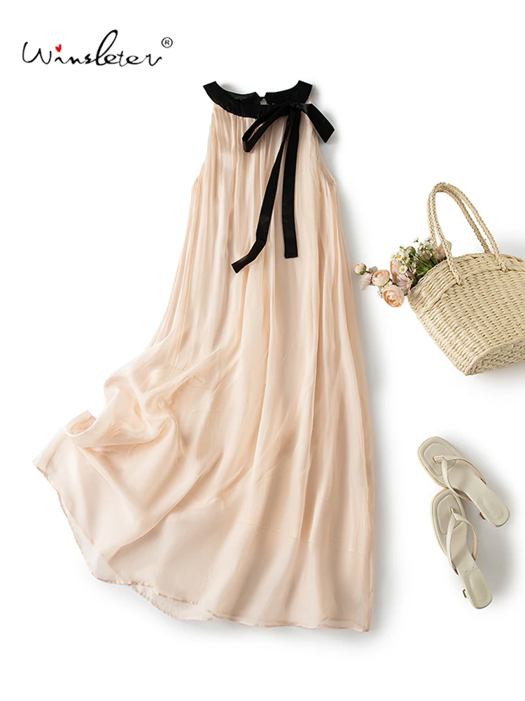

Winsleter-100% Silk Elegant Vest Dress, Sleeveless O Neck Lace-up, Women French Vacation INS Sweet Dresses, 2026 Summer D64811CC