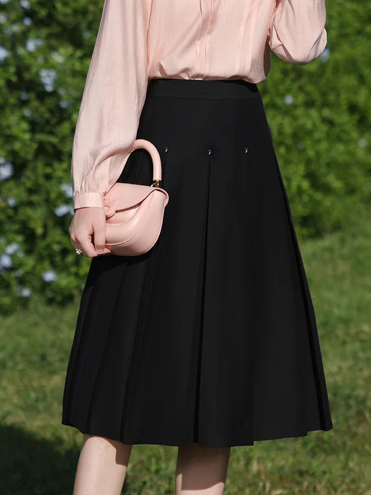 I BELIEVE YOU Black High-waisted Pleated Skirts For Women 2024 Spring New Midi A-line Solid Skirt Foreign Temperament 2241025567