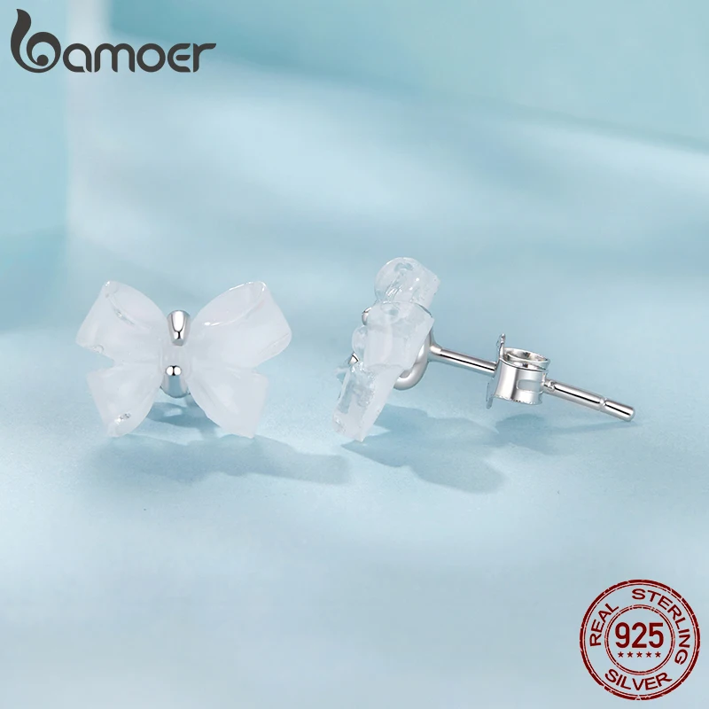 BAMOER Hypoallergenic 925 Sterling Silver Bowknot Stud Earrings, Dainty Simple Bow Resin Earrings for Women SCE1815