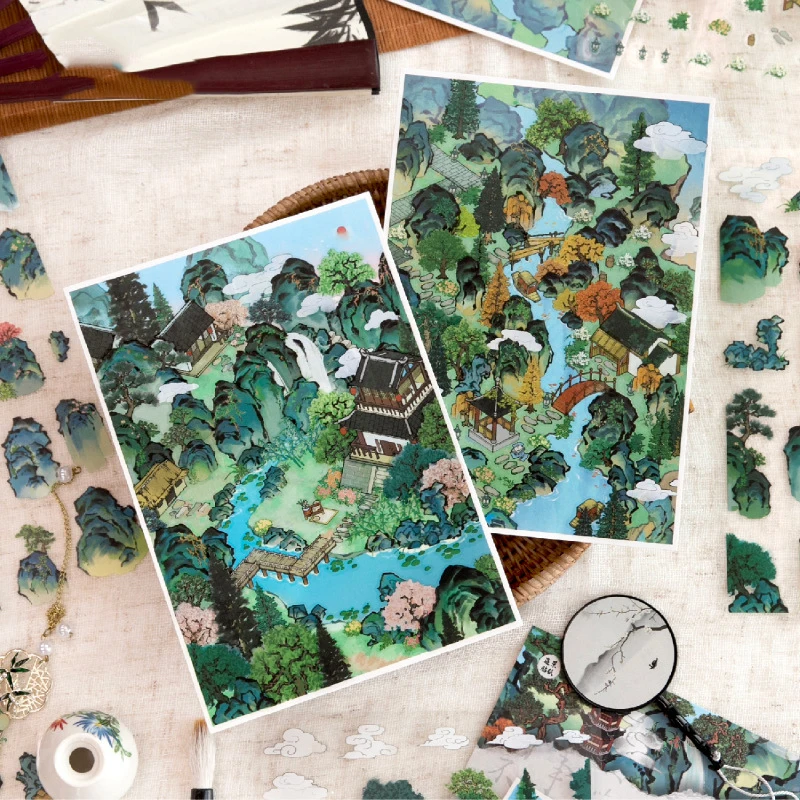 

Cloud Residence Series Vintage Mountain Tree House Landscape PET Sticker Creative DIY Journal Material Collage Stationery