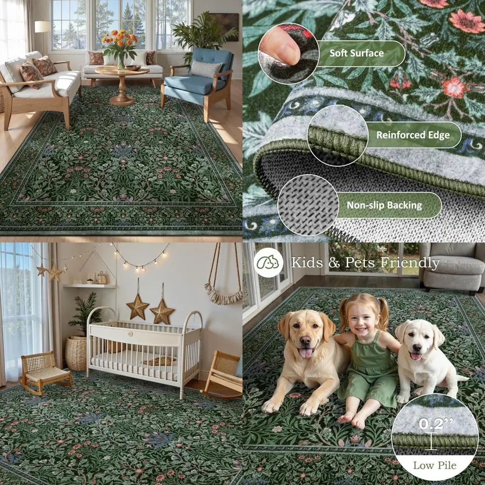 

Dark Green Floral Living Room Rug 5x7, Vintage Washable Rugs for Bedroom Dining Room, Farmhouse Forest Non Slip Low Pile Stain R
