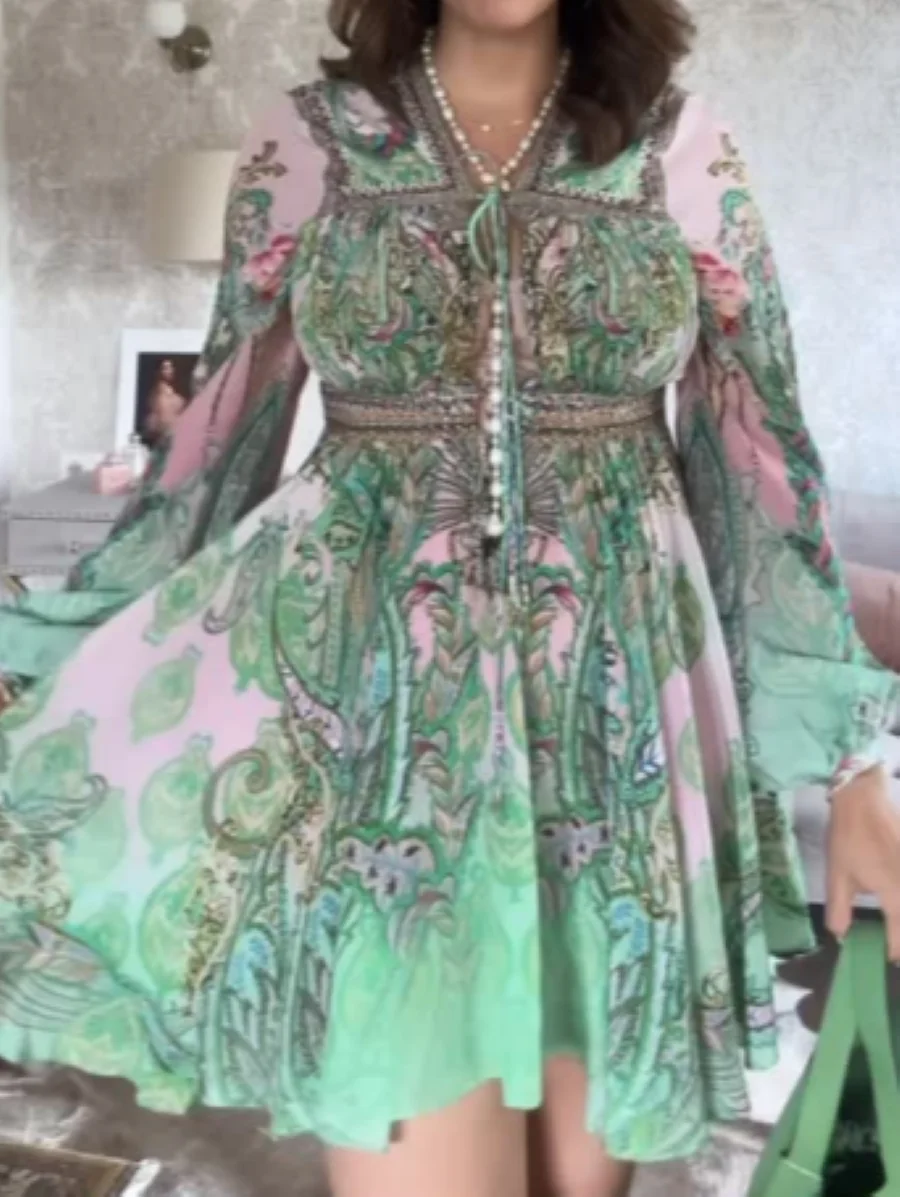 

100% Silk Women Floral Print Green Short Dress Crystal Beaded V-Neck Long Sleeve High Waist Holiday Female Mini Robe