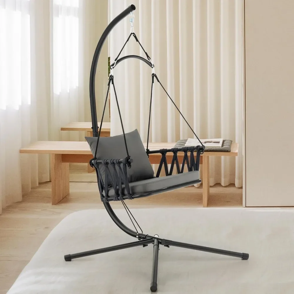 

Hanging Swing Chair W/Stand, Cozy Seat & Back Cushions, Rustproof Metal Frame & Woven Backrest, Indoor Outdoor Hammock