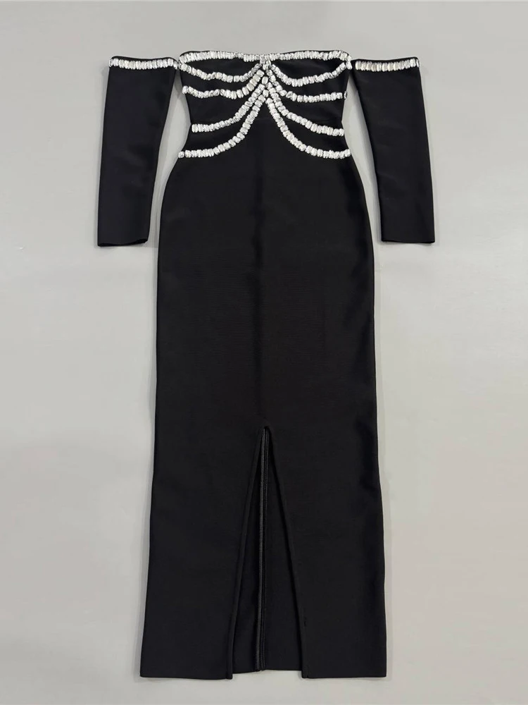 Sexy épaules nues diamants perles robe de pansement femmes noir manches longues cristal moulante longues robes robes de soirée