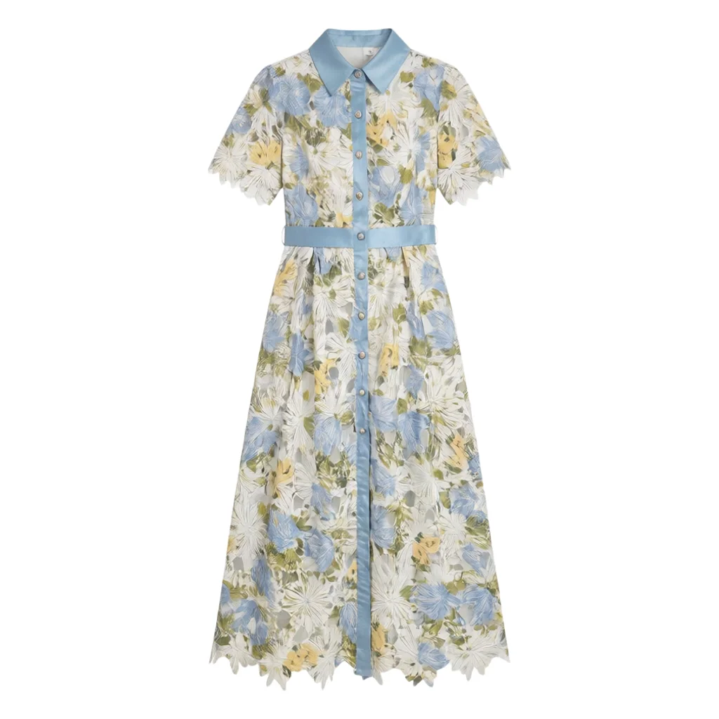 

Elegant Summer Lace Dress for Women Water-Soluble Embroidery Hollow out Belt Midi Formal Evening Party Long Vestidos