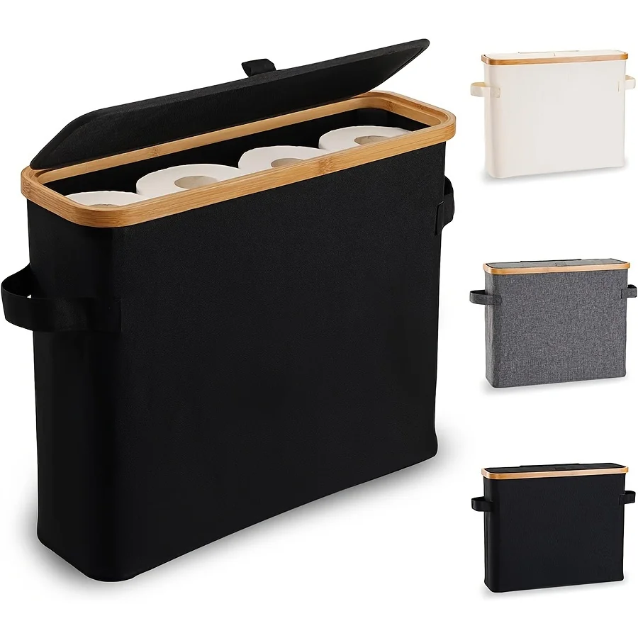 Bamboo toilet paper holder with lid - Self-contained bathroom organizer with handle, enclosed tissue storage box