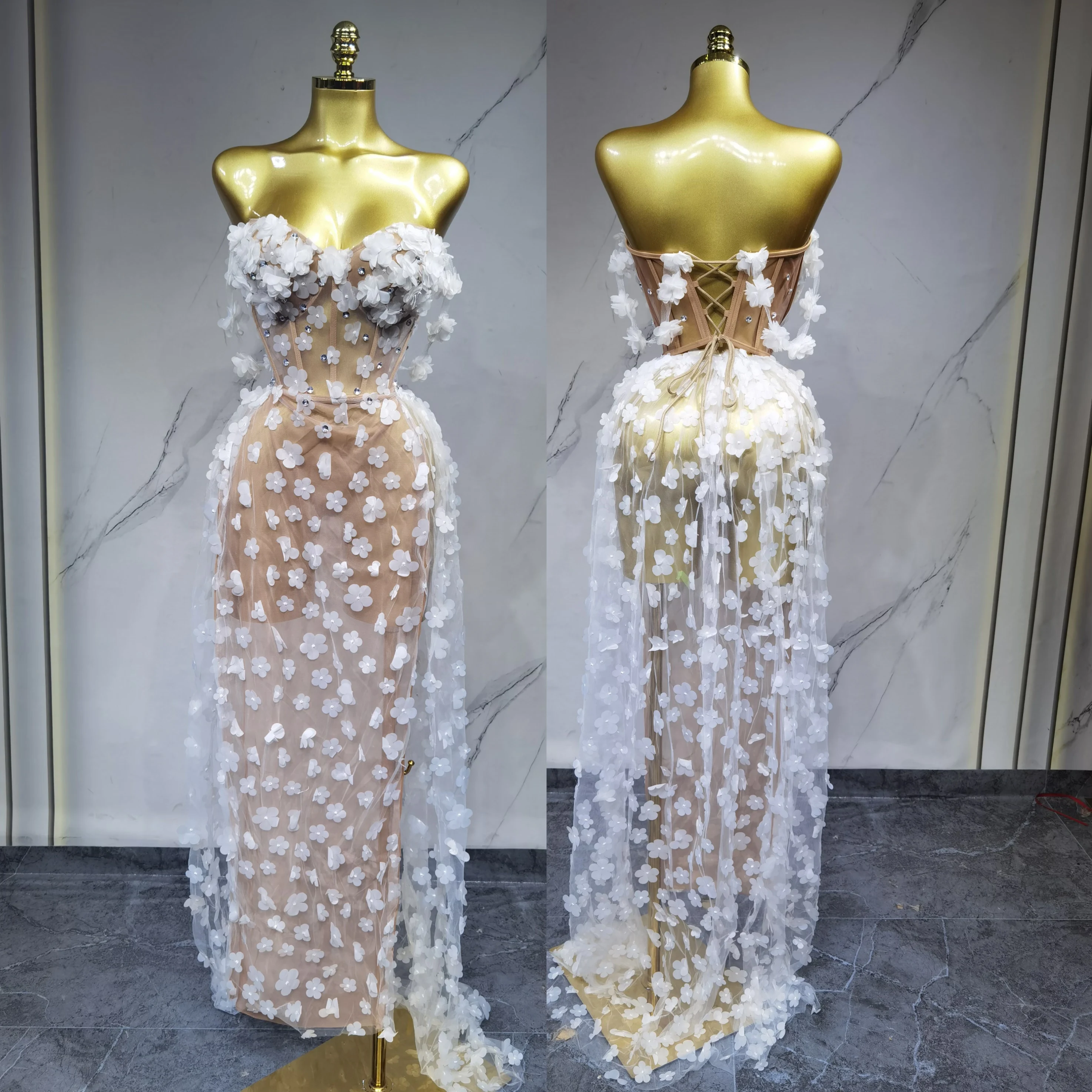 Vestido largo Sexy sin tirantes para mujer con detalle de cristal de flor blanca elegante ropa de actuación escénica para fiesta y Club nocturno