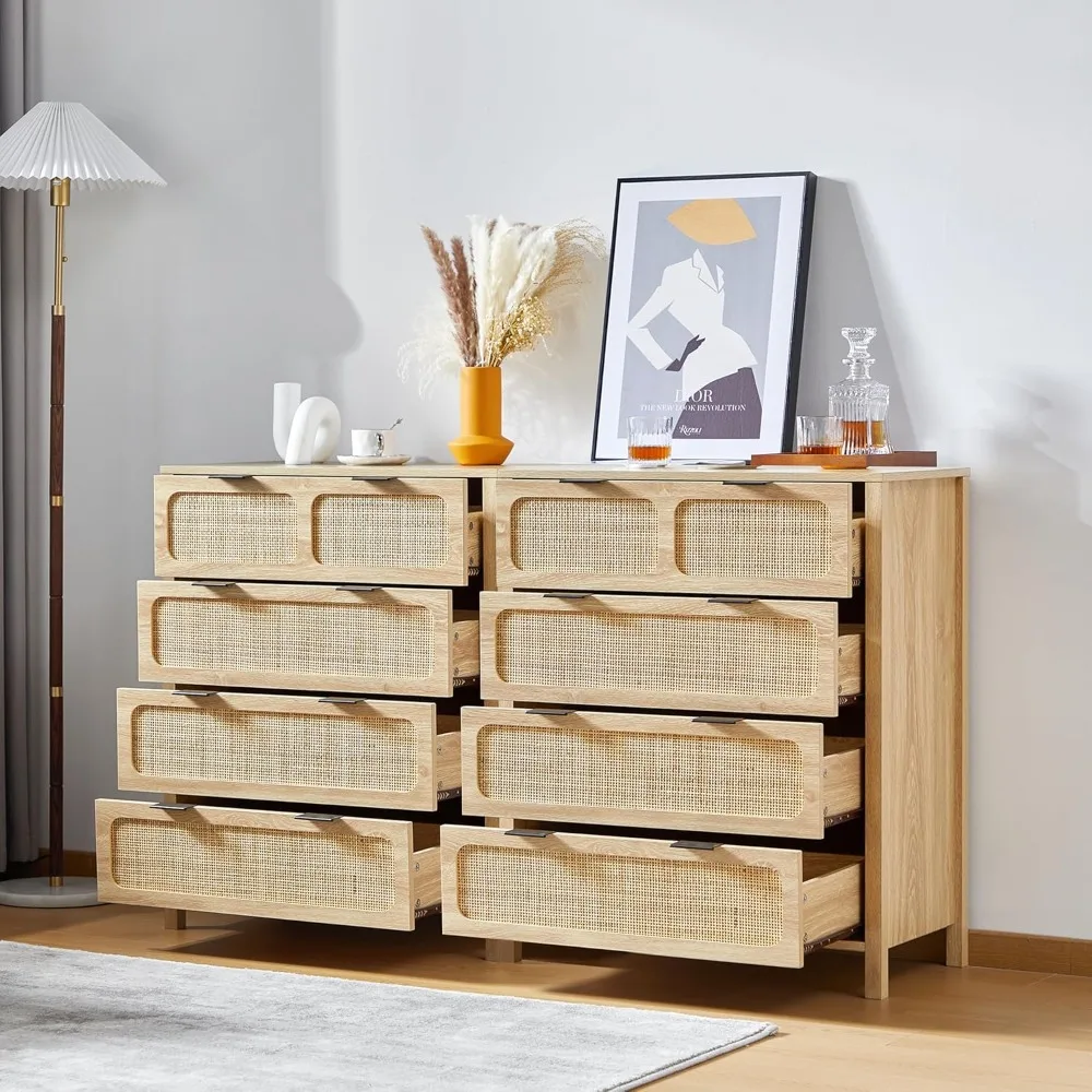 4 Drawer Dresser, Modern Rattan Dresser Chest with Wide Drawers and Metal Handles, Farmhouse Wood Storage Chest of Drawers