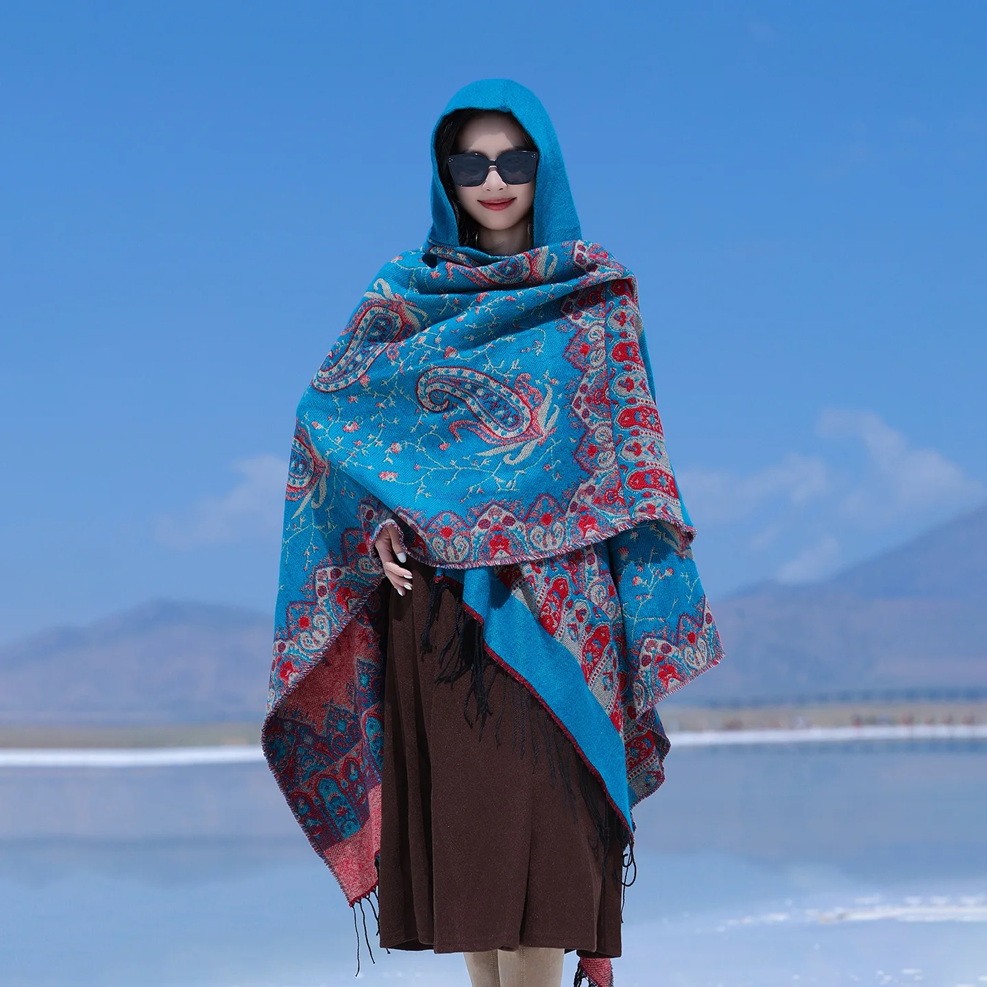 

New Poncho Tourism Ethnic Style Hat Cape Scarf Thick Split Warm Scarf Outerwear Women's road trip Cloak Autumn/Winter