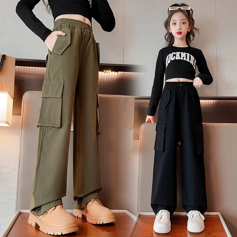 Teenage Girls Cargo Pants Loose Casual Fashion Children Trousers Pockets Design Trendy Cool Streetwear Kids Pants 6 -14 Year