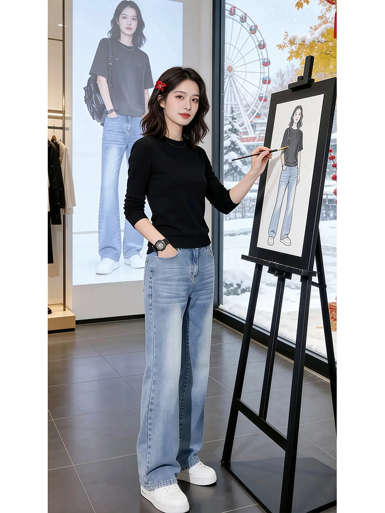Slim Fit Blue Denim Jeans Spring High Waist Straight Leg Micro Flare Pants American Style Knife  Detail Youth Trend
