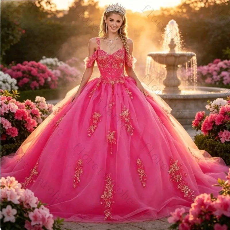 Customized Temperament Gorgeous Luxurious Rose Pink Quinceanera Dresses Off Shoulder Appliques Charming Fashion Ball Gown