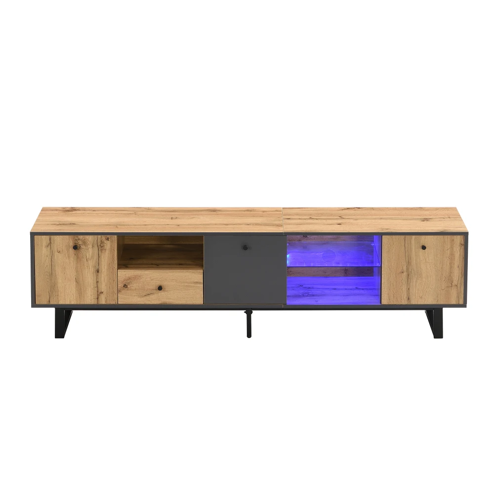 Ye Lowboard, Living Room TV Cabinet with LED Light Effect, Glass Divider, Soft-Close Hinges, Color-Coordinated Design