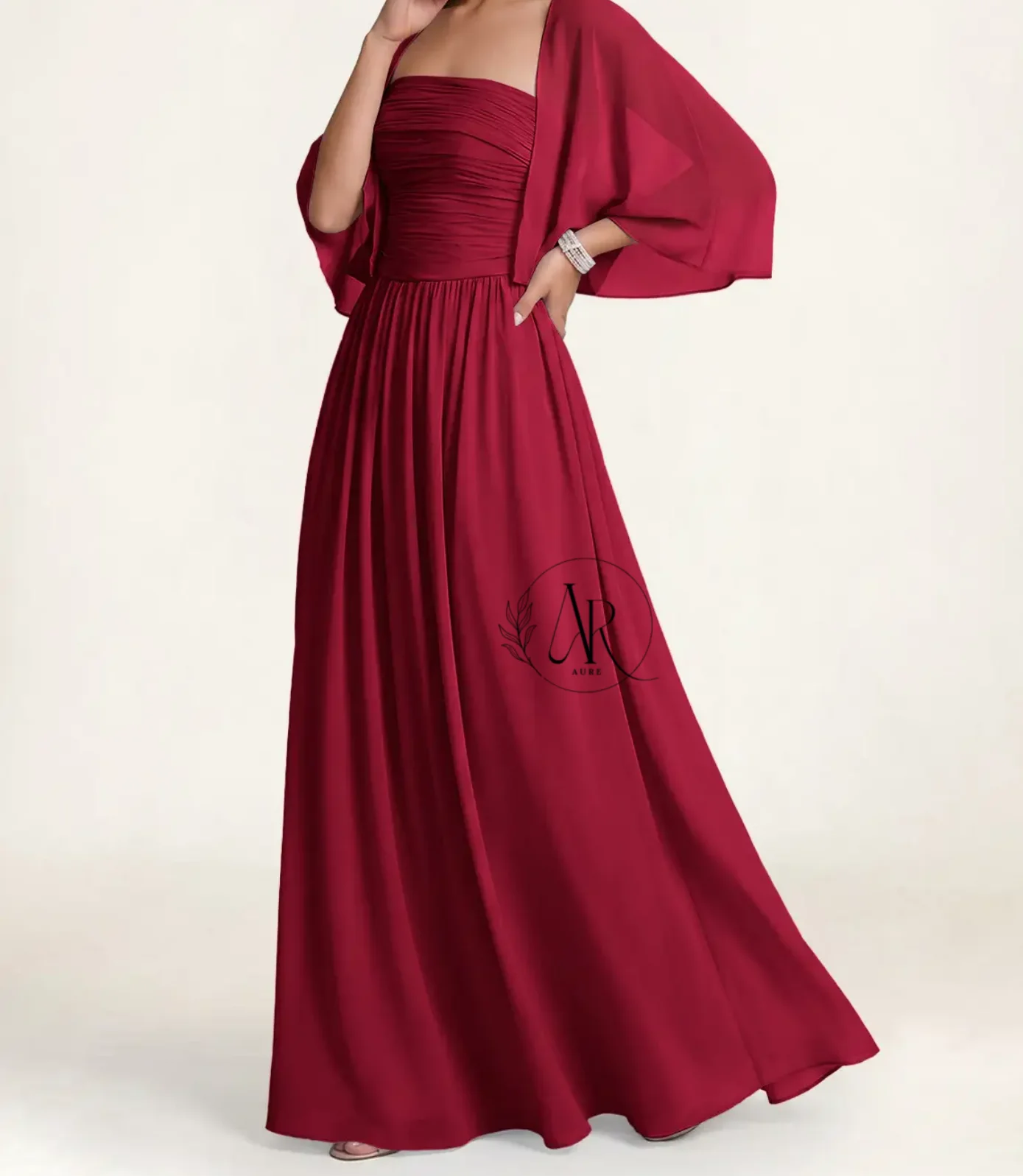 Aure Customized Chiffon Mother Of The Bride Dress A Line Cape Shawl Strapless Ruched Bodice Backless Long Formal Evening Gown