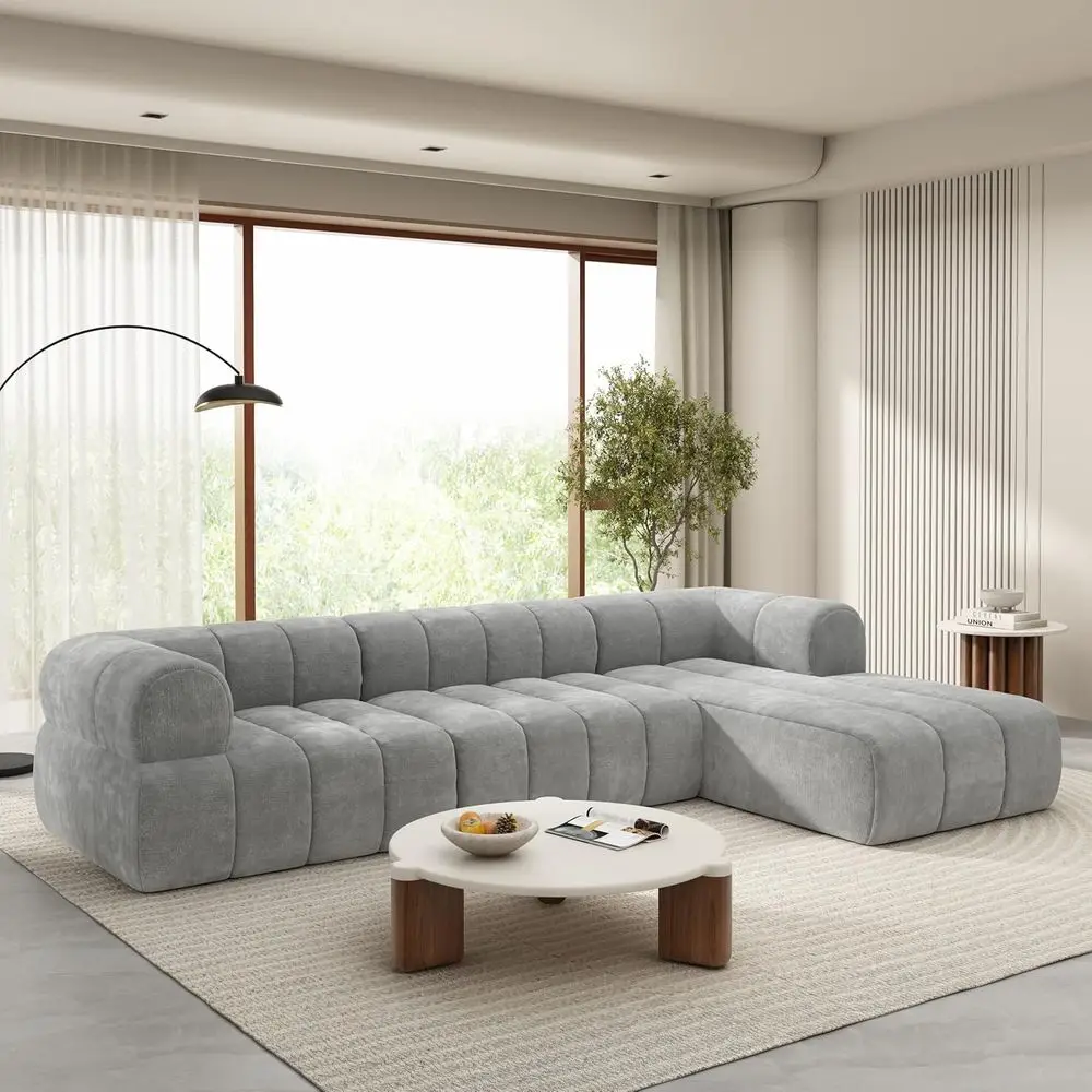 

122 L-Shape Sectional Sofa with Chaise, Cloud-Like Comfort in Gray Boucle Fabric