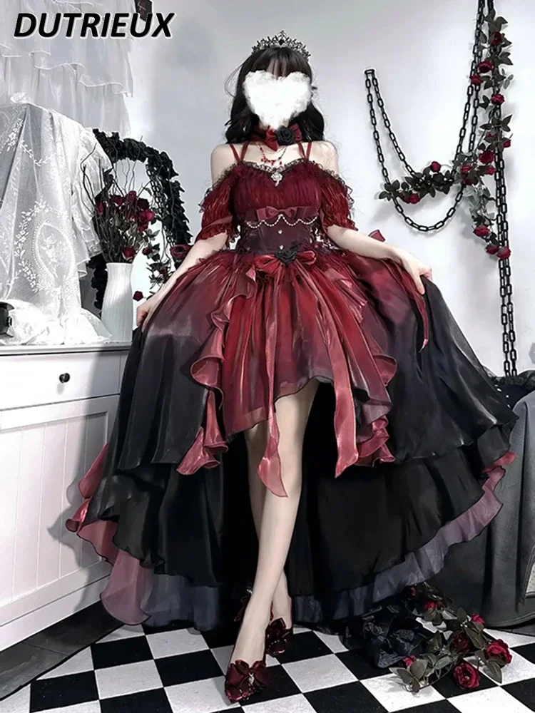 Halloween Red Wedding Lolita Off-shoulder High-waisted Dress Women's Heavy Industry Trailing Sweet Fluffy Princess Dresses