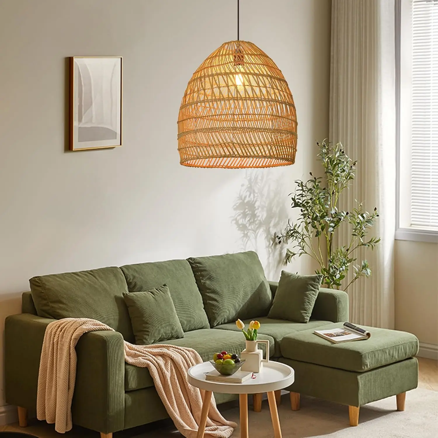 

Boho Rattan Chandelier Rustic Farmhouse Pendant Light LED Chandeliers for Dining Room Living Room Hanging Lighting Fixture