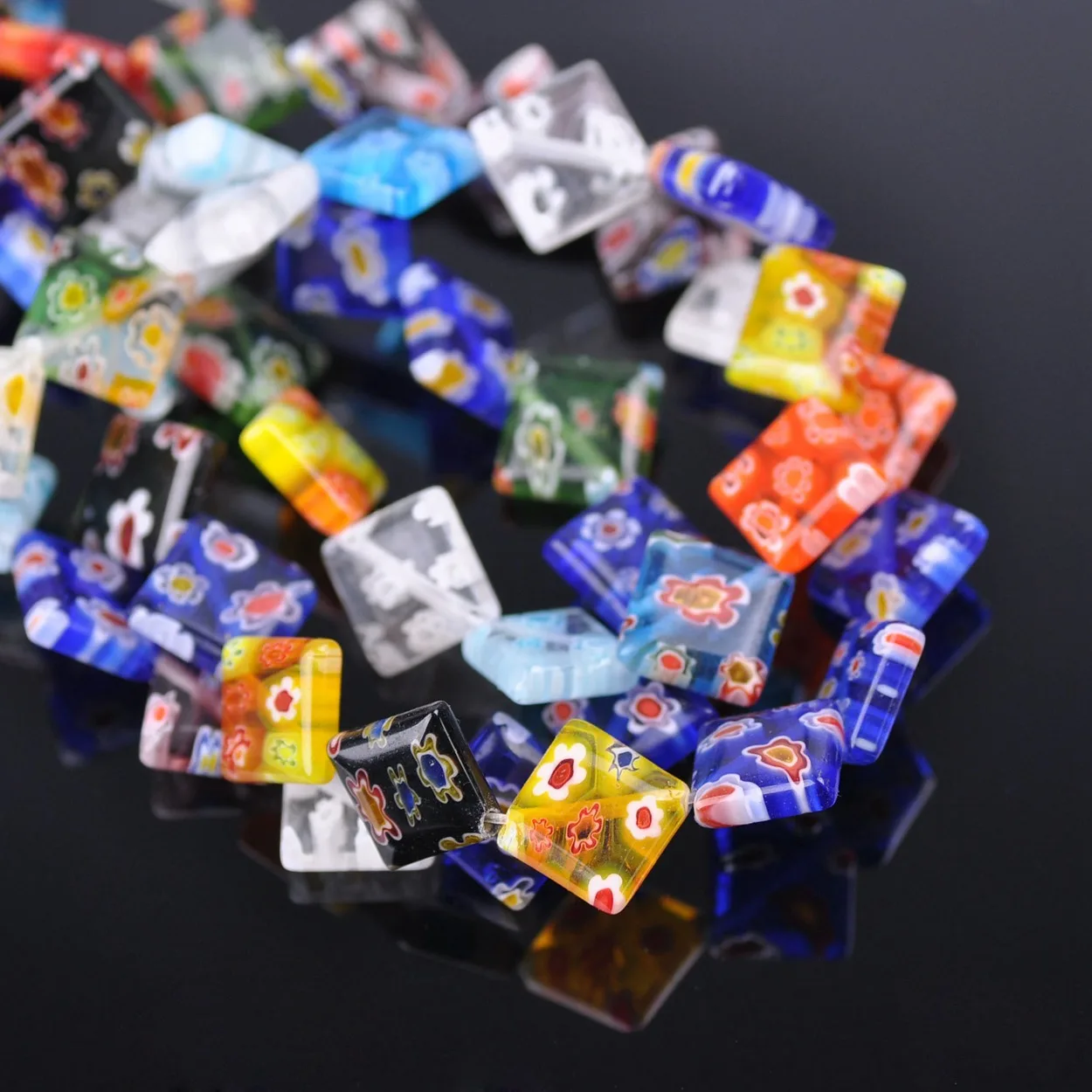 20pcs Random Mixed Flower Patterns Square Rhombus Shape 10mm 14mm Millefiori Lampwork Glass Loose Beads For Jewelry Making DIY