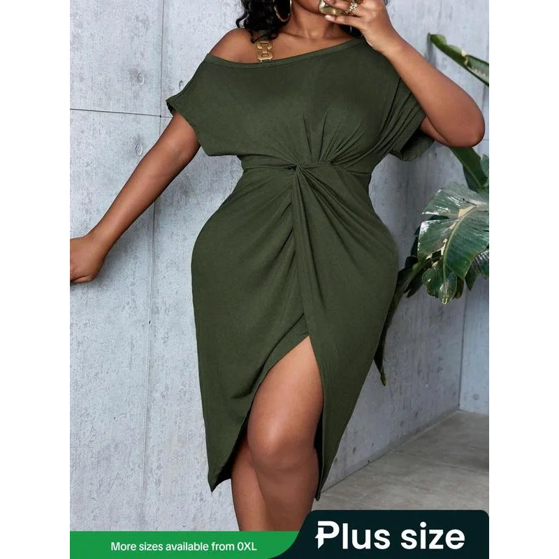 

Asymmetric Slit Dress Asymmetrical Shoulder High Collar Citywalk Gown Other Material 100% Large Size Women's Dress