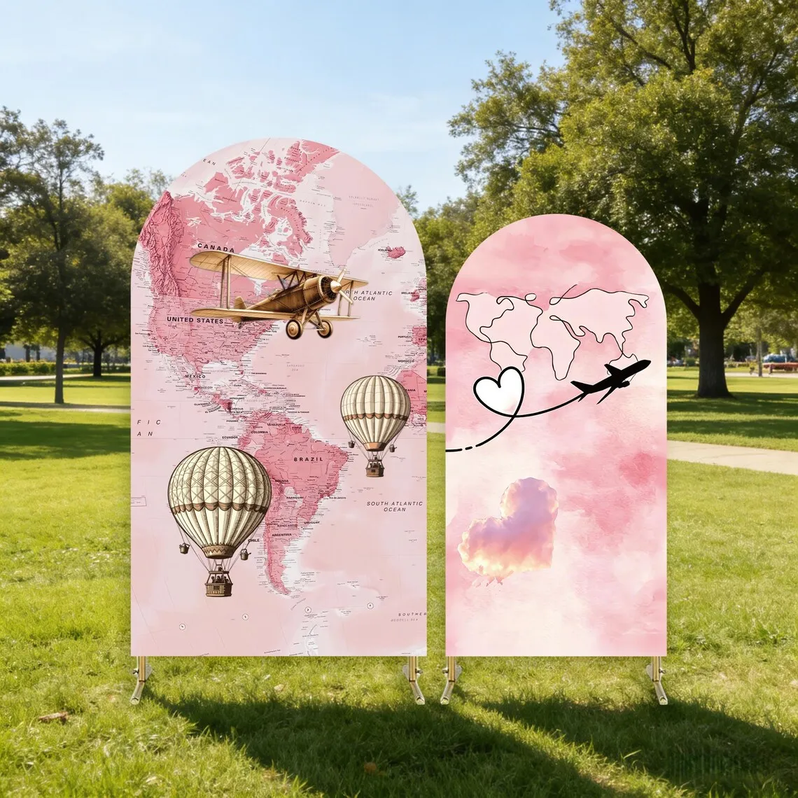 Adventure Awaits Birthday Party Banner Backdrop 2-sided Pink Airplane Travel Map Arch Cover Girl Baby Shower Decorations