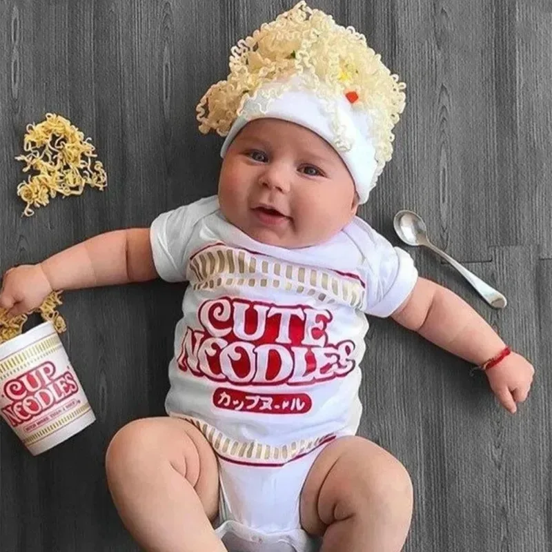 Instant Noodles Baby Costume Set-Knit Curly Wig & Romper for Infant Photos, Whimsical Dress-Up Fun.newborn photography.ニューボーンフォト