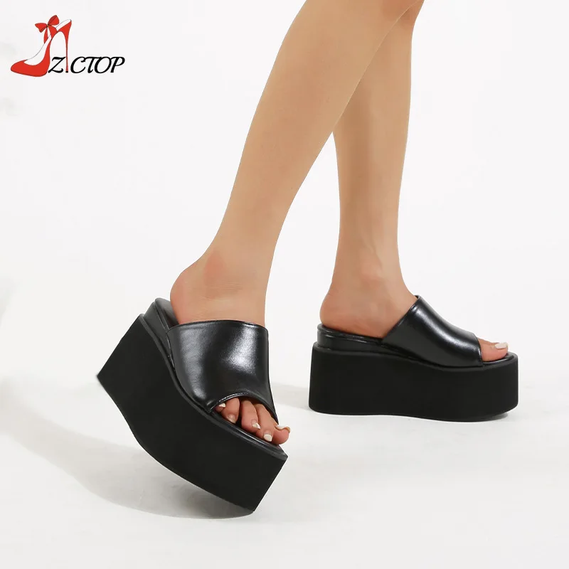 Women Platform Sandals Block High Heels 2024 Summer New Slip On Wedges Outdoor Slippers Black Punk Goth Shoes Big Size 42 43