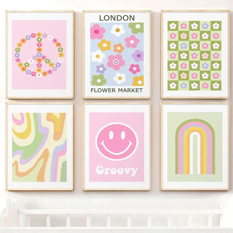 Colorful Danish Pastel Canvas Painting Happy Floral Poster Artwork Smiley Face Flower Rainbow Print Wall Art Nursery Home Decor