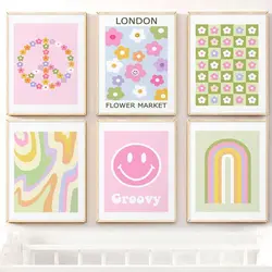 Colorful Danish Pastel Canvas Painting Happy Floral Poster Artwork Smiley Face Flower Rainbow Print Wall Art Nursery Home Decor