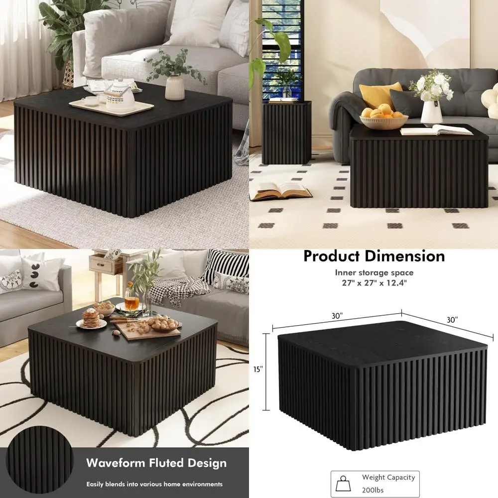 Duży kwadratowy stolik kawowy z radełkowanymi nogami, miejscem do przechowywania, blatem z litego drewna oklejonego, w stylu mid-century modern.